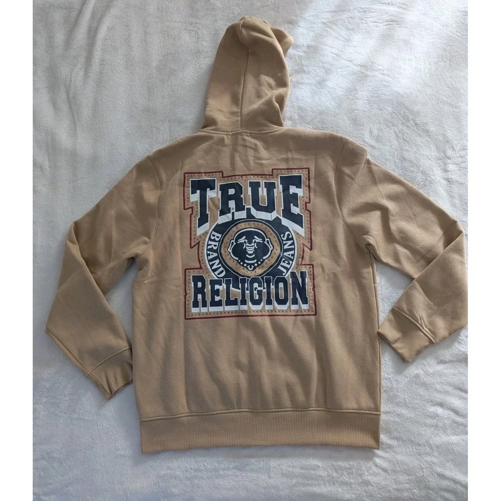 True Religion Retro Stud Zip Hoodie Travertine Tan Graphic XL Streetwear Casual